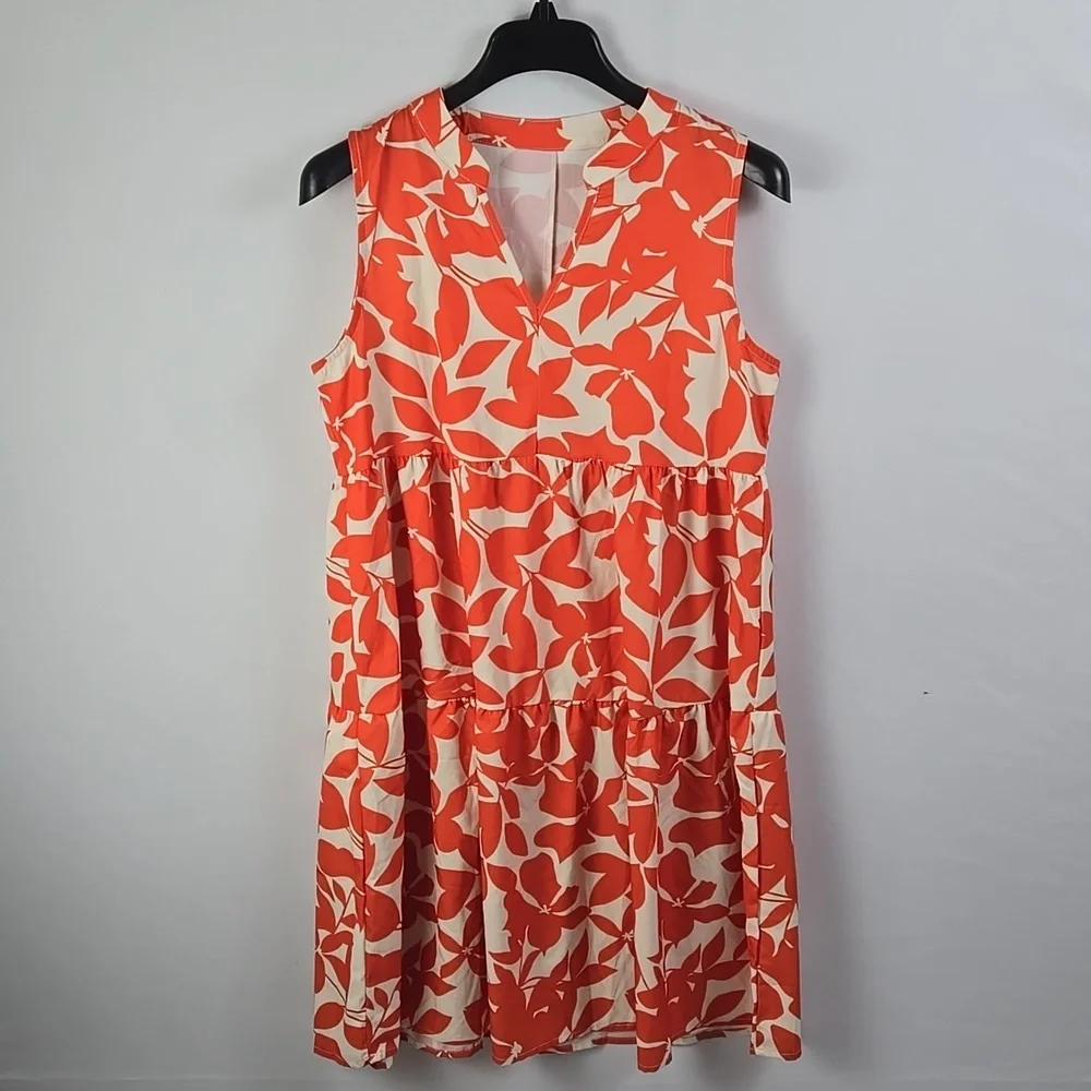 Shein Orange & White Floral Print Sleeveless Notch Neckline Ruffled Dress Sz M